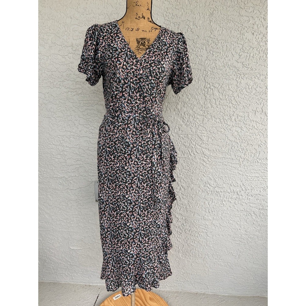 Elan Midi Wrap Dress‎ Black Floral Leaf Puff Sleeve Ruffle Hemline Sz Medium